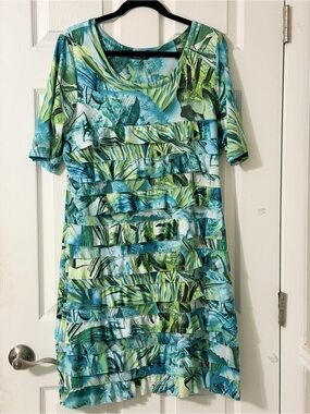 Tropical Green & Blue Leaf-Print Midi Dress